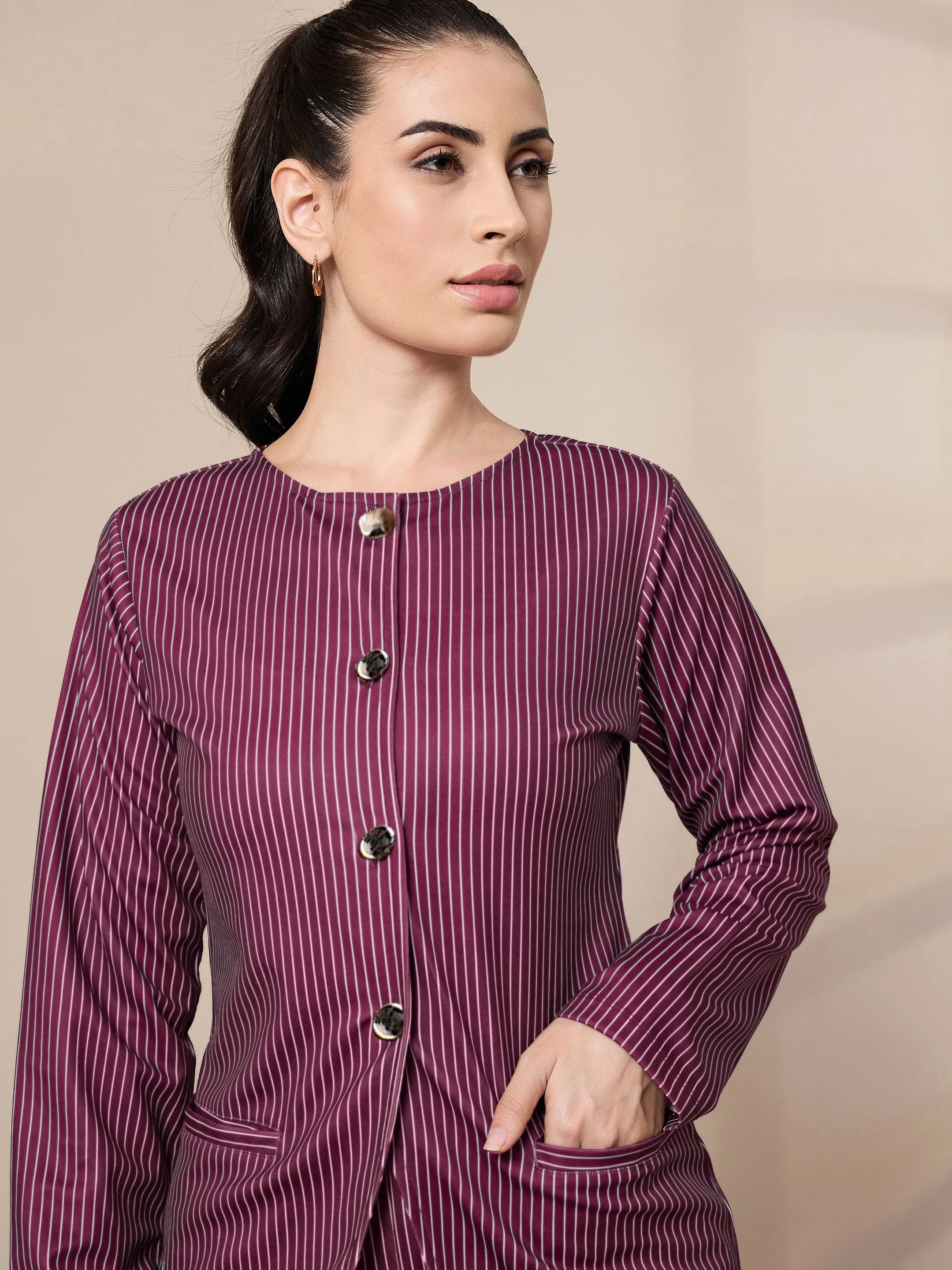 Women Maroon Striped Round Neck Full Sleeve Top With Straigh Trousers