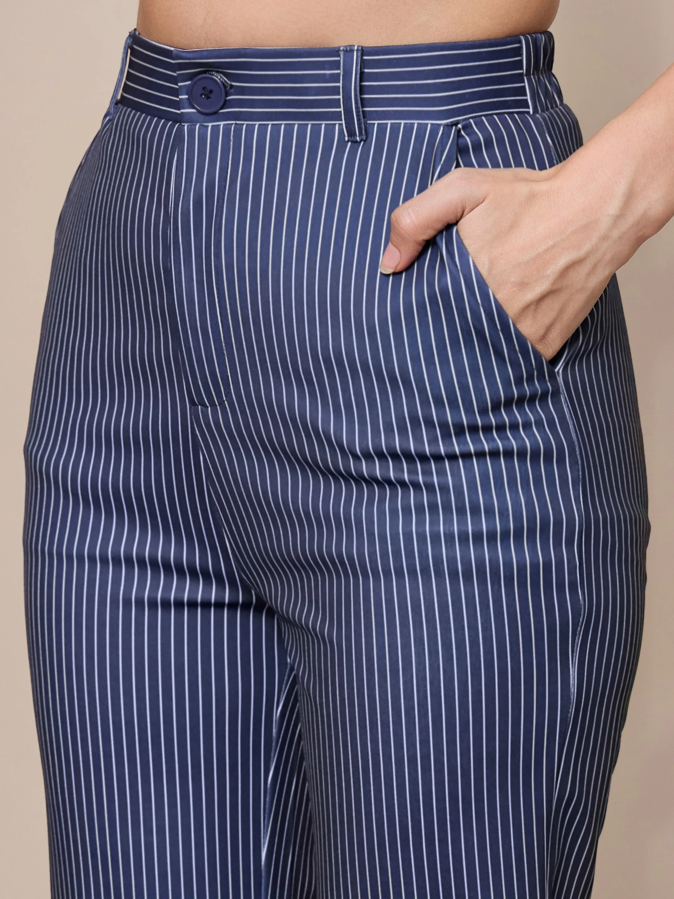 Women Navy Striped Straight Fit Trousers