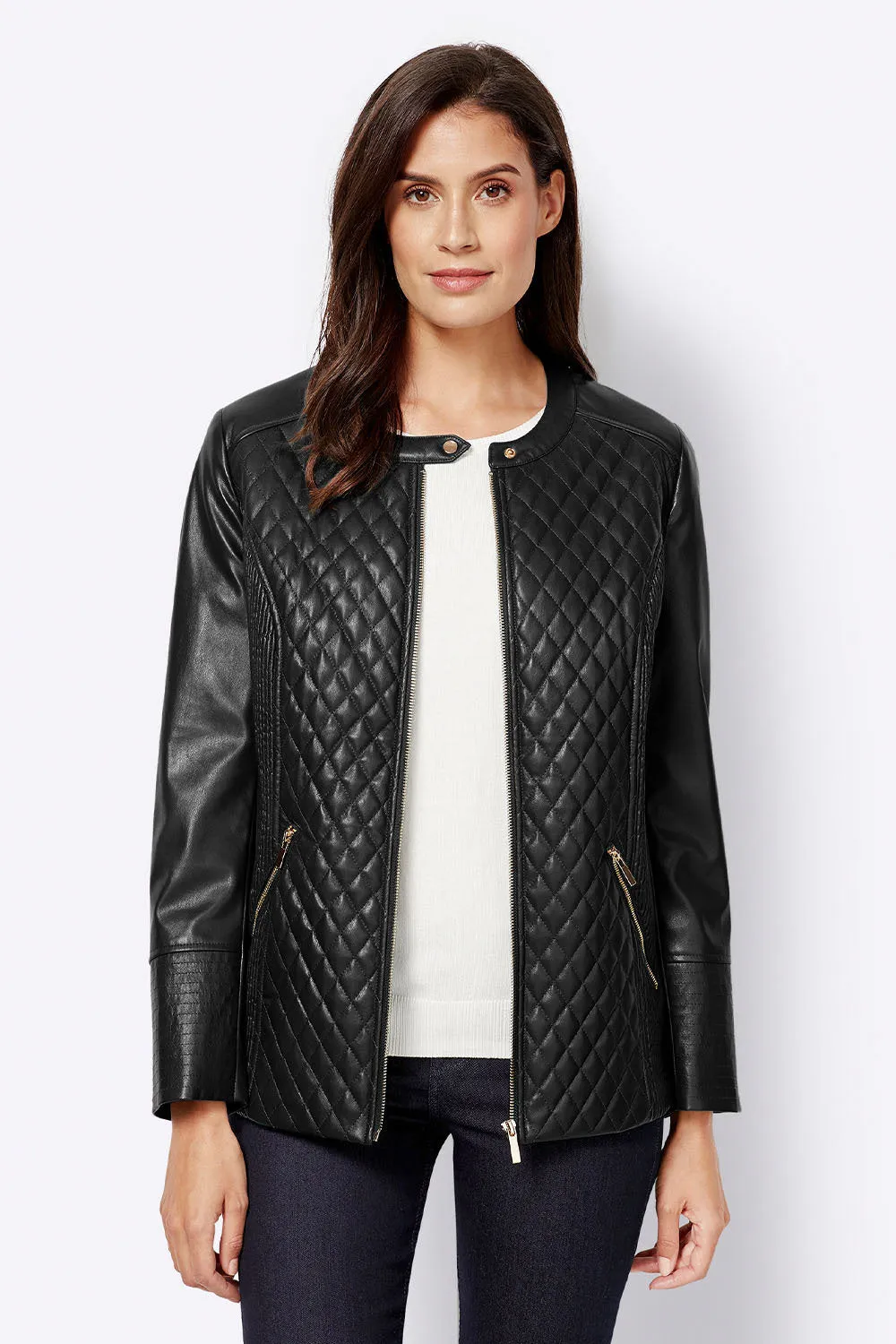 Women’s Black Leather Jacket Ban Collar