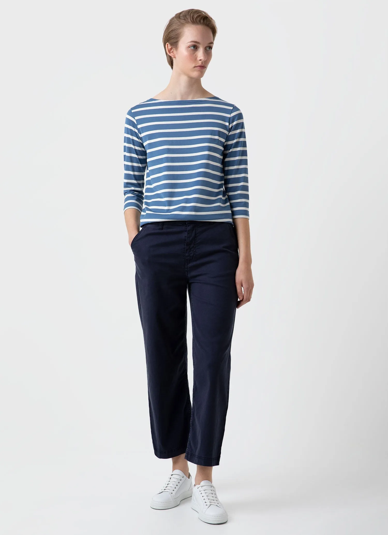 Women's Boat Neck T-shirt in Bluestone/Ecru Breton Stripe