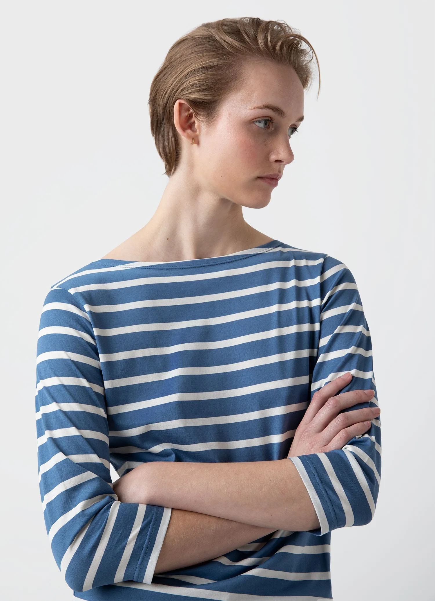 Women's Boat Neck T-shirt in Bluestone/Ecru Breton Stripe