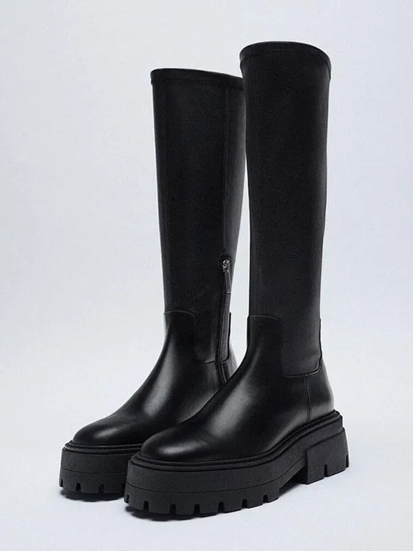 Black Round Toe Platform Knee High Boots