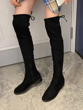 Black Suede Flat Thigh High Boots