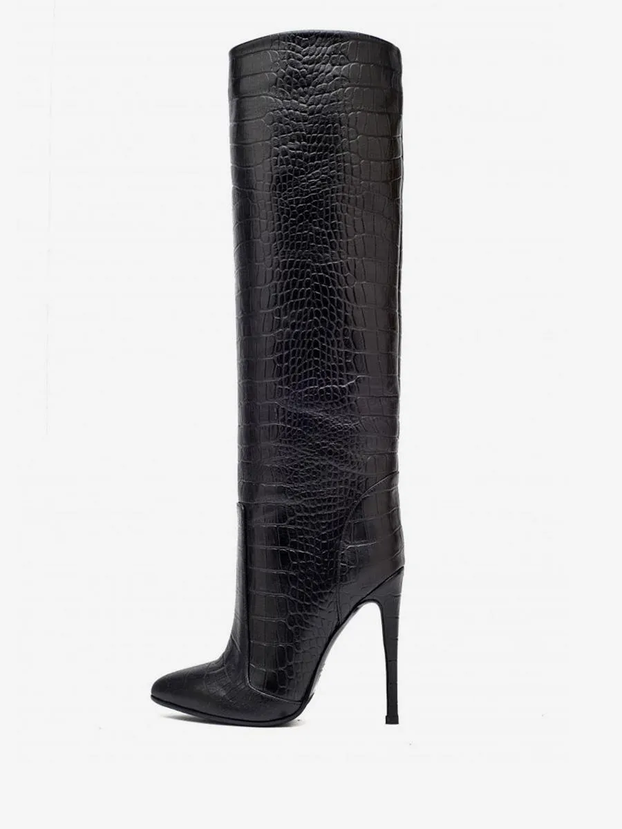 Wide Calf Stiletto Heel Leather Knee High Boots