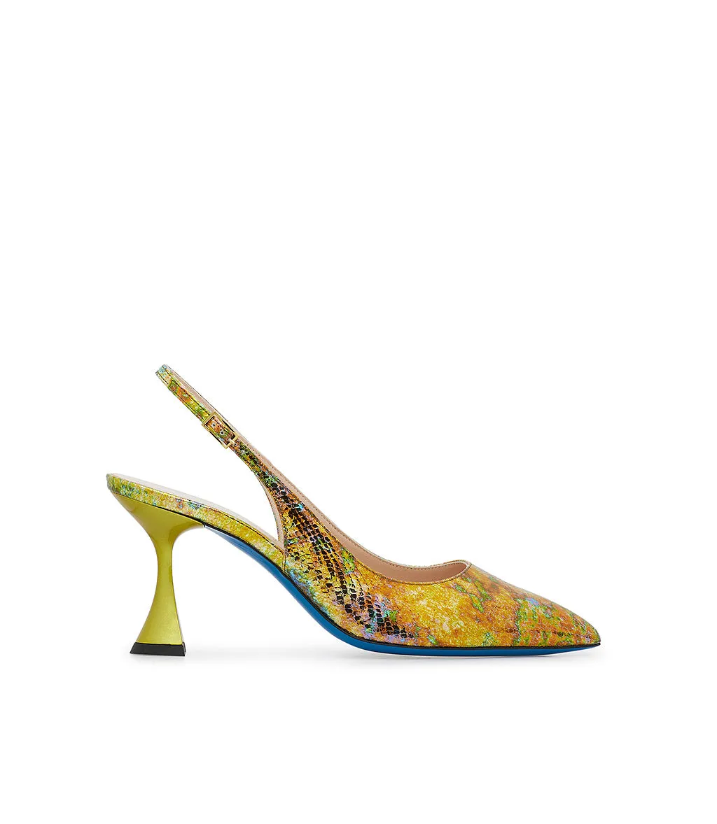 Yellow printed leather slingback heels