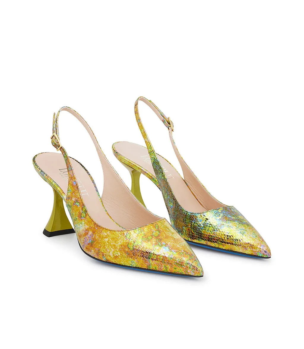 Yellow printed leather slingback heels