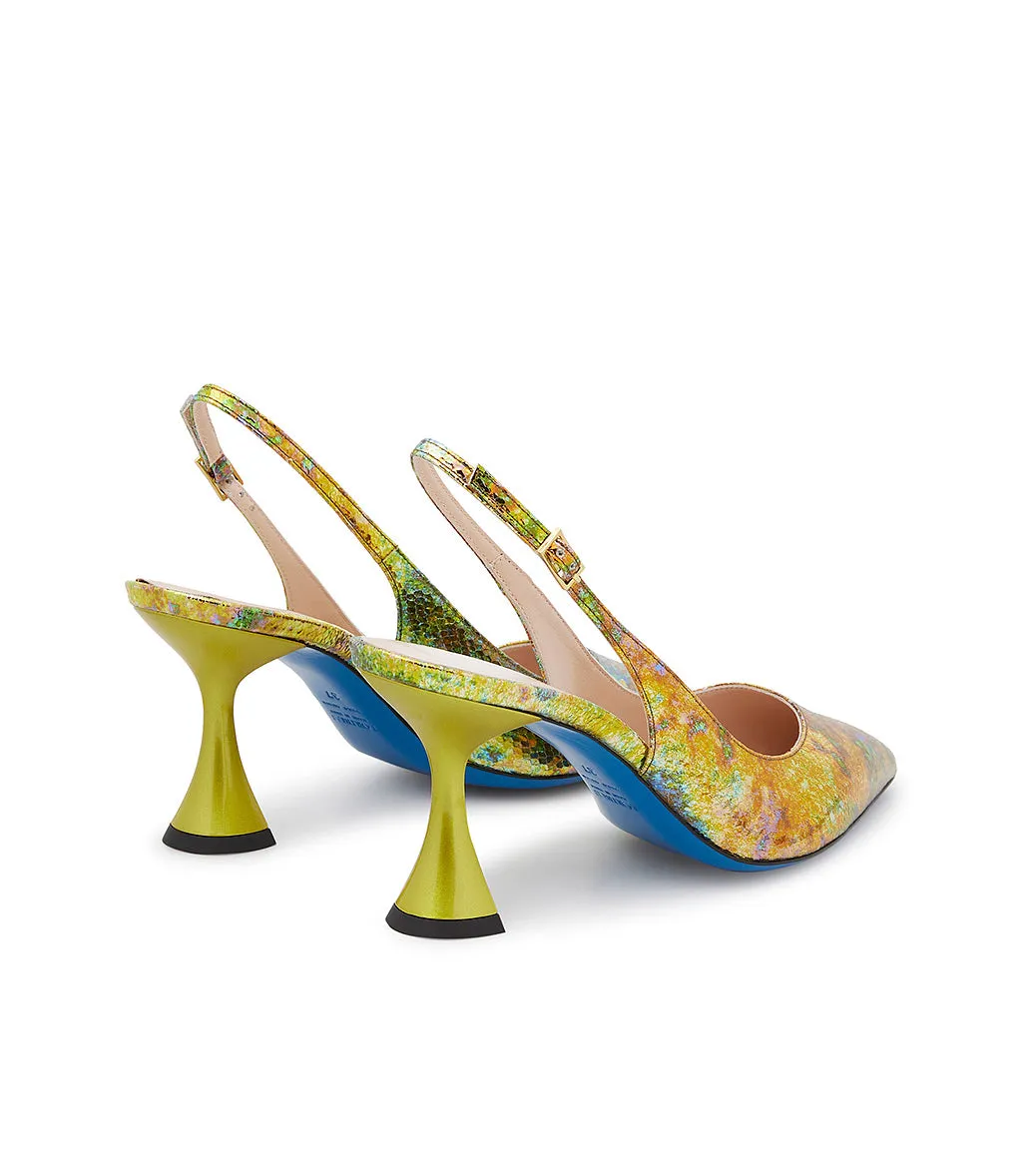 Yellow printed leather slingback heels