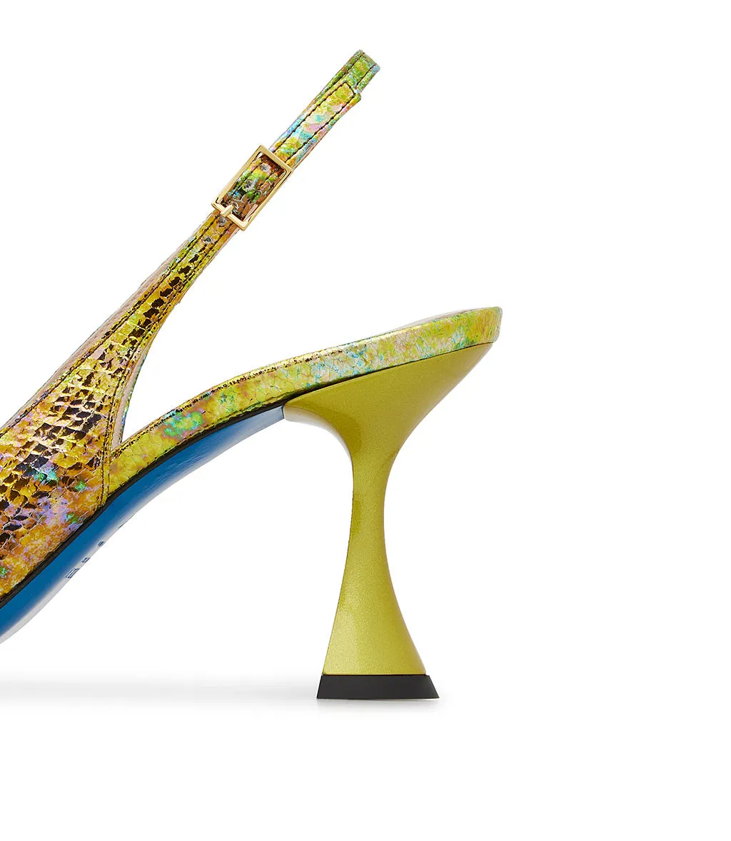 Yellow printed leather slingback heels