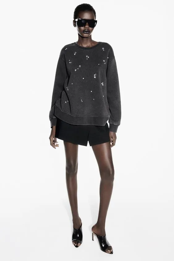 ZARA Rhinestone Embellished Sweatshirt - Washed Effect