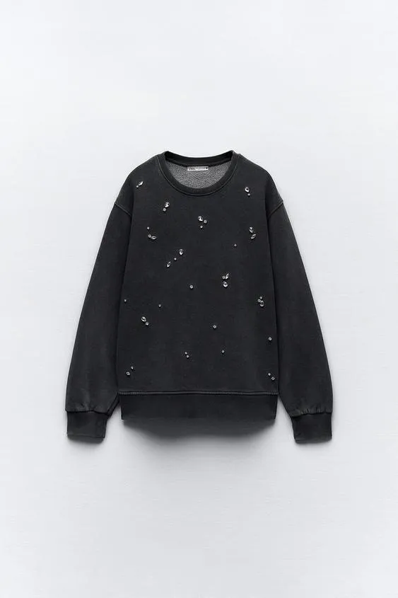 ZARA Rhinestone Embellished Sweatshirt - Washed Effect