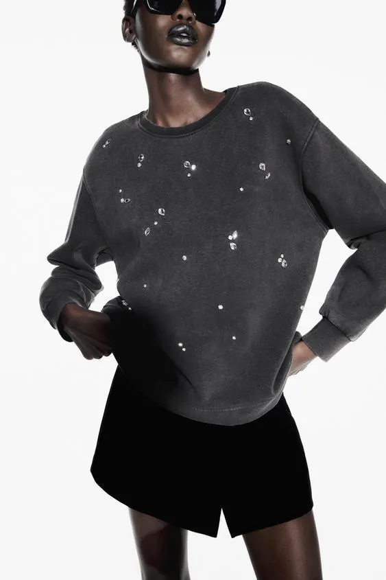 ZARA Rhinestone Embellished Sweatshirt - Washed Effect